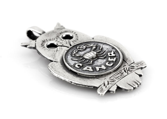 Silver Owl Pendant with Cancer Zodiac