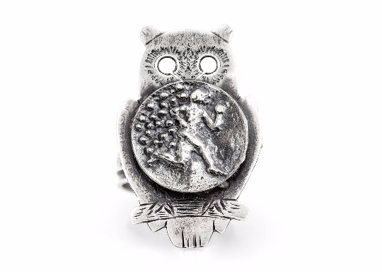 Coin ring with the Running Man coin medallion on owl Noa Tam coin jewelry sport jewelry