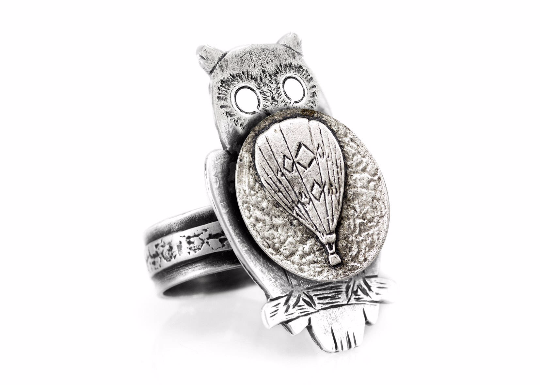 coin ring with the Hot Air Balloon coin medallion on owl flying jewelry Noa Tam
