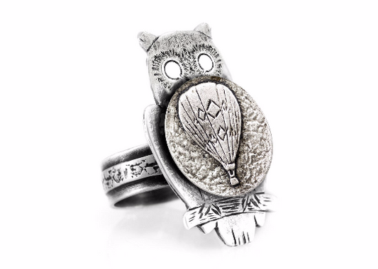 coin ring with the Hot Air Balloon coin medallion on owl flying jewelry Noa Tam