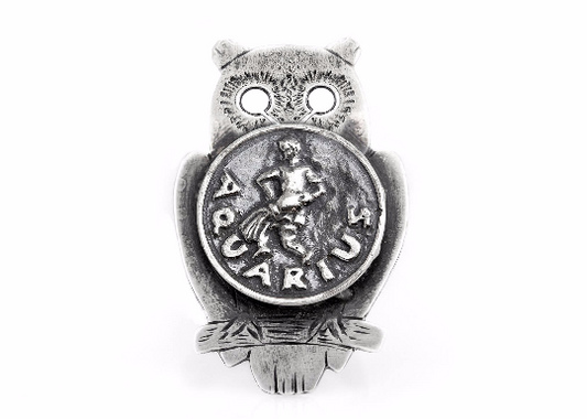 Silver Owl Ring with Aquarius Zodiac