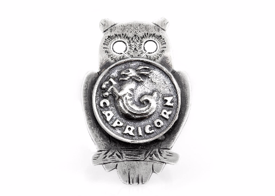 925 Silver Owl Ring with Capricorn Zodiac Sign