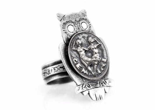 925 Silver Owl Ring with Gemini Zodiac  Sign