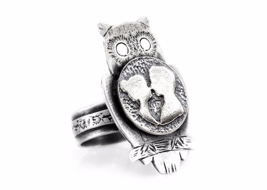 The Couple Coin Medallion on Owl Love Ring - Sterling Silver