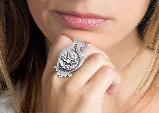 925 Silver Owl Ring with Flying bird