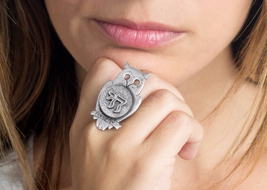 Silver Owl Ring with Chai