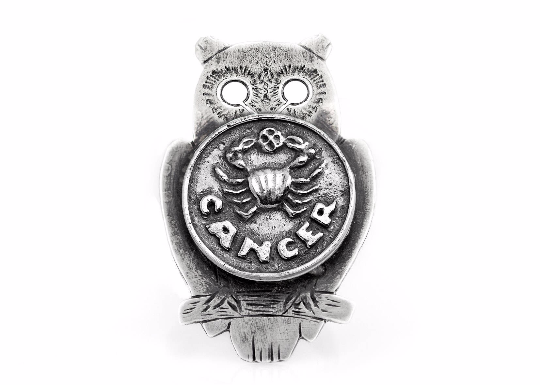 Silver Owl Ring with Cancer Zodiac sign