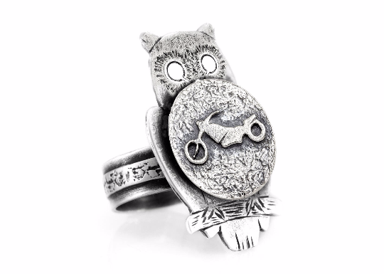 Coin ring with the Motorcycle coin medallion on owl motorcycle jewelry