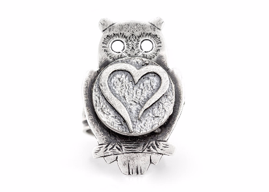 Coin ring with the open Heart coin medallion on owl Noa Tam coin jewelry