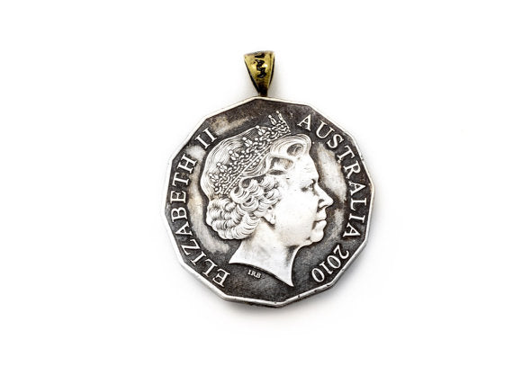 Coin pendant - ooak coin piece with 1 Discovery Dollar coin of the U.S. and 50 Cent coin of Australian