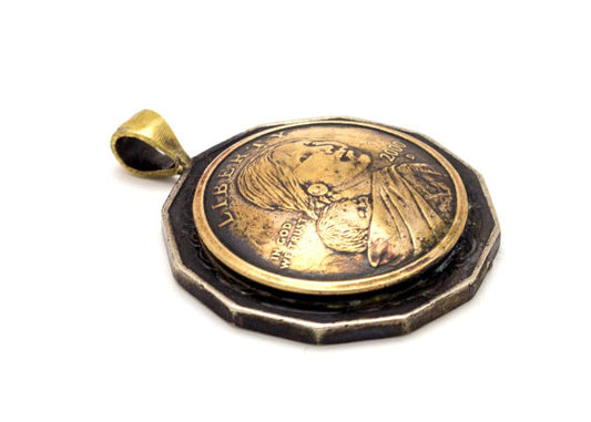 Coin pendant - ooak coin piece with 1 Discovery Dollar coin of the U.S. and 50 Cent coin of Australian