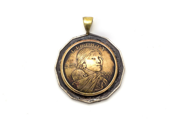 Coin pendant - ooak coin piece with 1 Discovery Dollar coin of the U.S. and 50 Cent coin of Australian