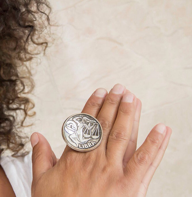 Libra Sign Astrology Zodiac Medallion Silver Ring