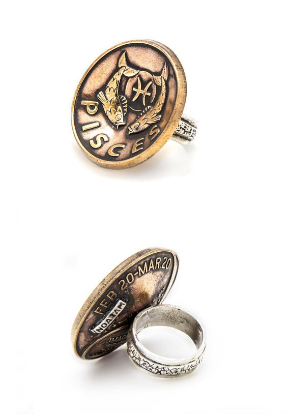 Pisces Sign Astrology Zodiac Silver Medallion Ring