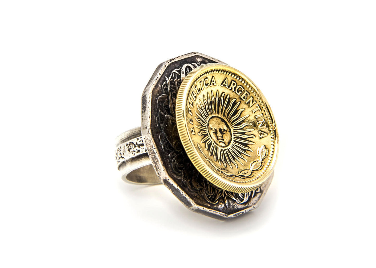 925 Sterling silver ring with Argentina coin & Australia coin