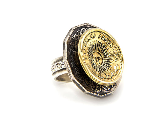 925 Sterling silver ring with Argentina coin & Australia coin