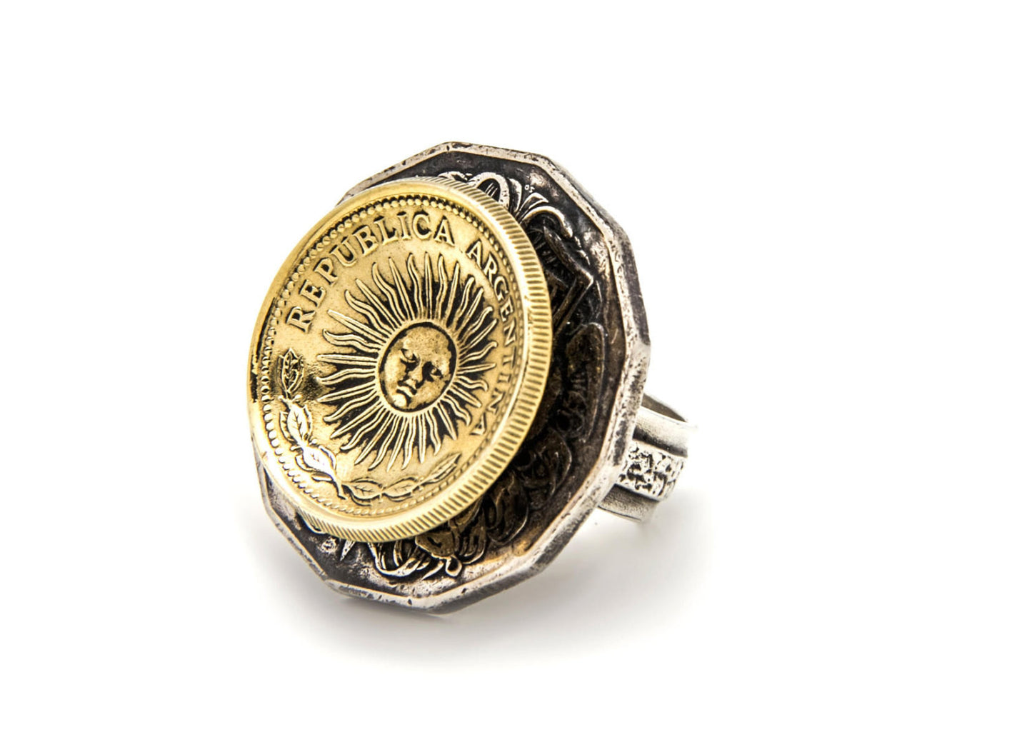 925 Sterling silver ring with Argentina coin & Australia coin