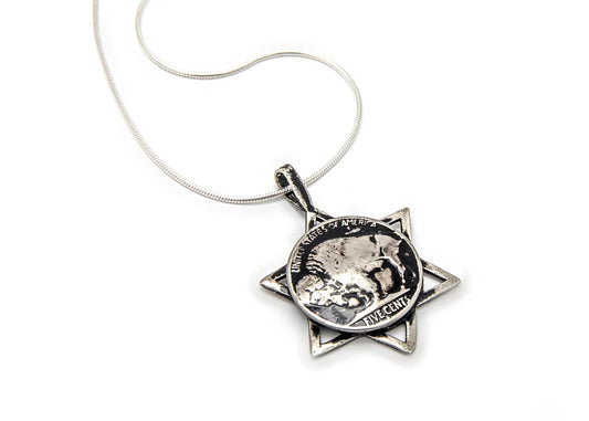 Buffalo Nickel Old Coin of USA Coin with Magen David Pendant Necklace