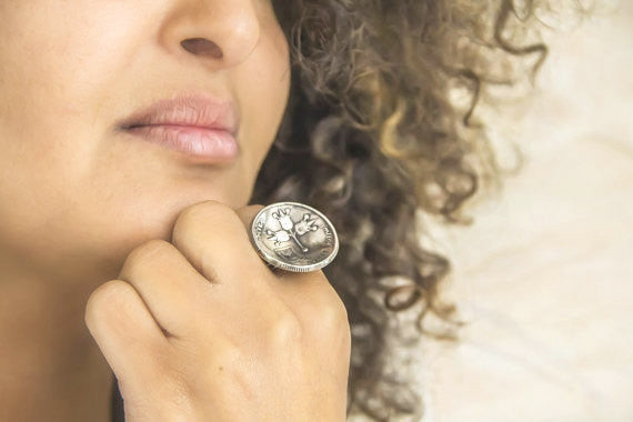 Israeli Lira 1 Pound Old Collector's Coin Ring - Silver Coin of Israel Ring