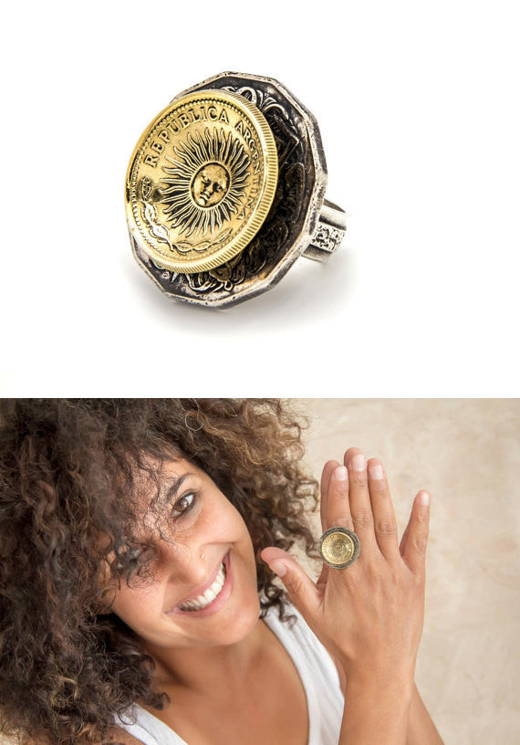 925 Sterling silver ring with Argentina coin & Australia coin