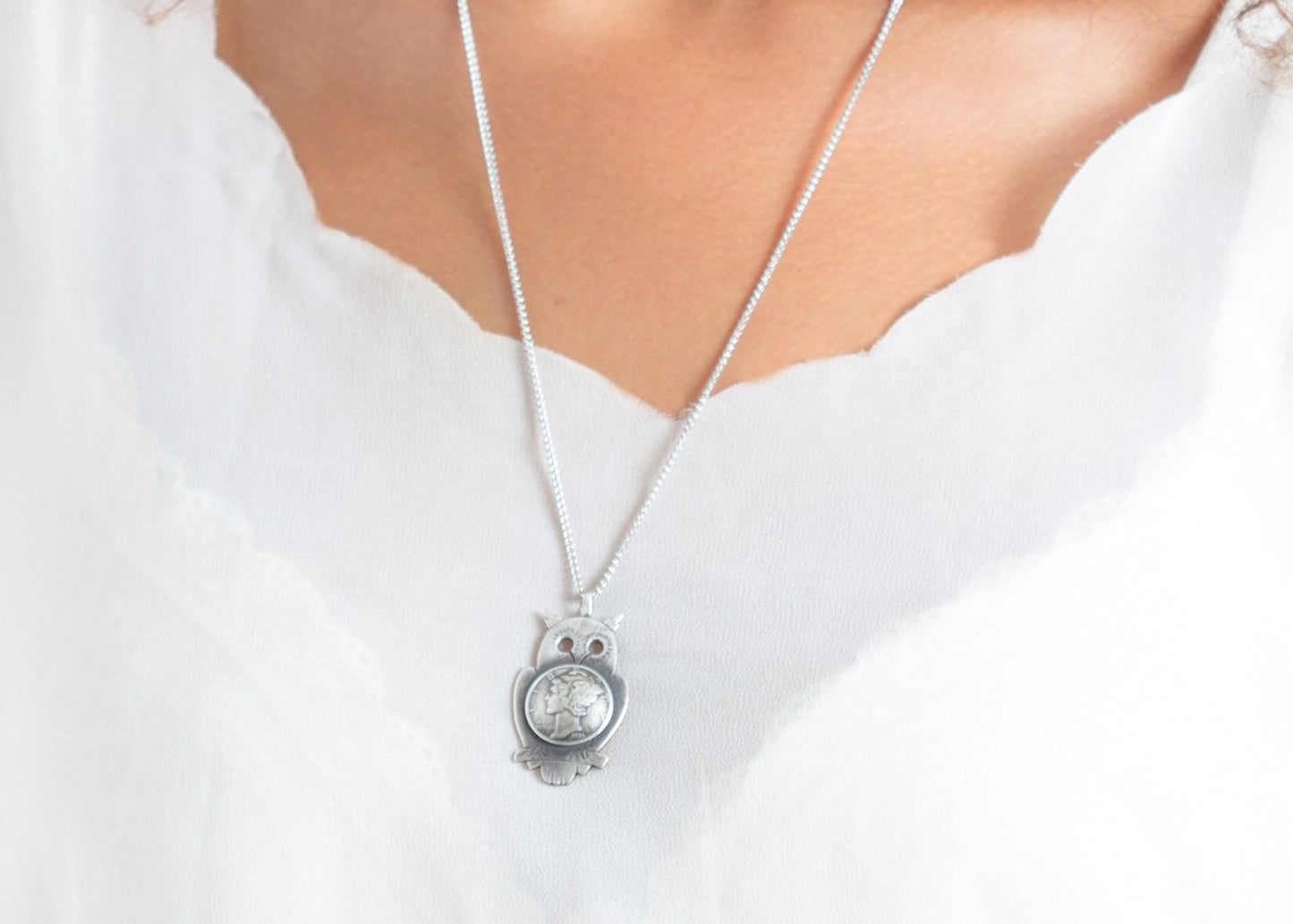 Silver Owl Pendant with Mercury Dime Coin