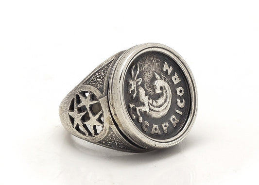 Capricorn Sign Astrology Zodiac Medallion Silver Ring