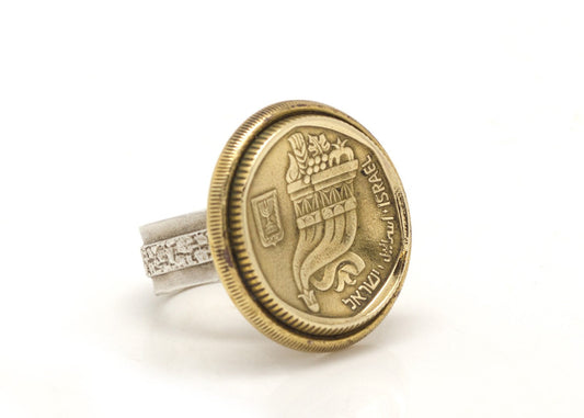 925 sterling silver ring with 2 Israeli old coins 5 Sheqel and 50 Sheqel