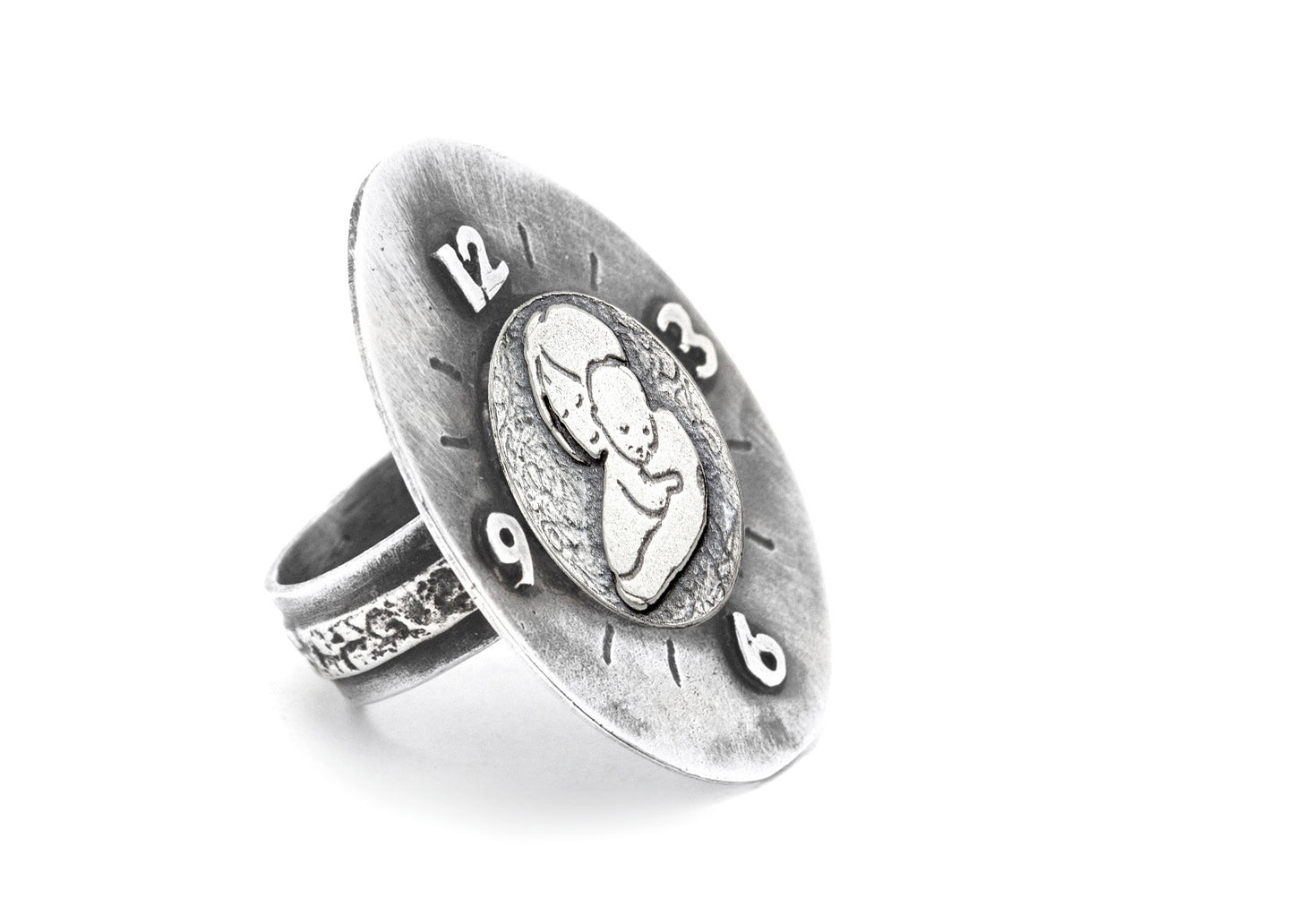 Mother and Child Unconditional Love Coin Medallion Clock Ring