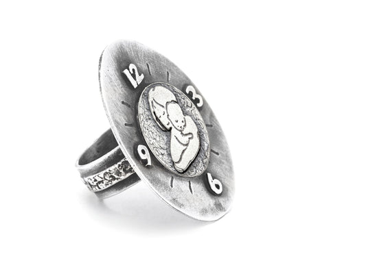 Mother and Child Unconditional Love Coin Medallion Clock Ring