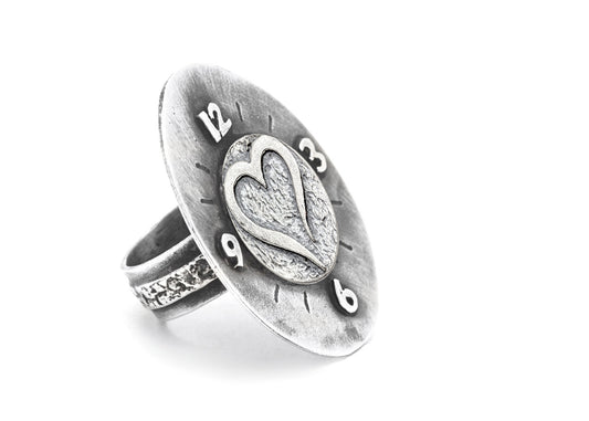 Open Heart Coin Timeless Medallion Clock Ring