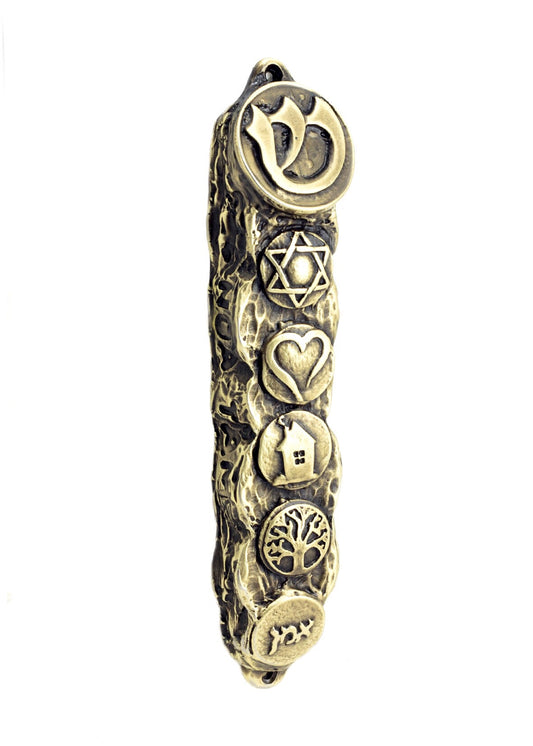 Mezuzah with Bright Symbols & Blessings, Bronze - Small (13cm)
