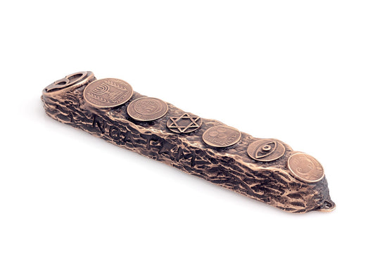 Copper Mezuzah with Israeli Collector's Coins & Blessings - Big (16cm)