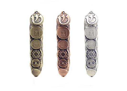Mezuzah with Judaica Symbols & Blessings in Copper - Small (13cm)