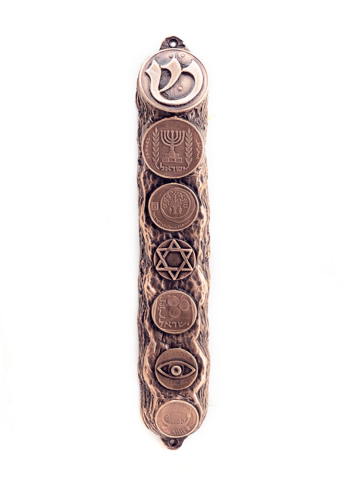 Copper Mezuzah with Israeli Collector's Coins & Blessings - Big (16cm)