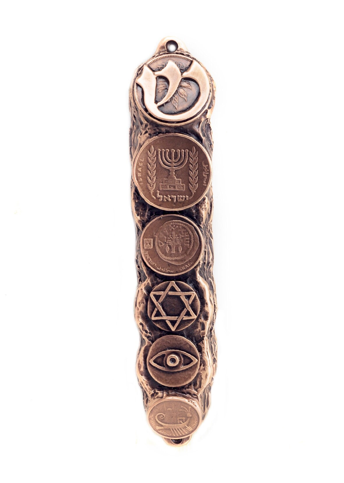 Mezuzah with Judaica Symbols & Blessings in Copper - Small (13cm)