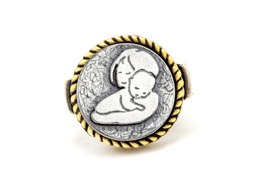 coin ring with mother&child heart coin medallion