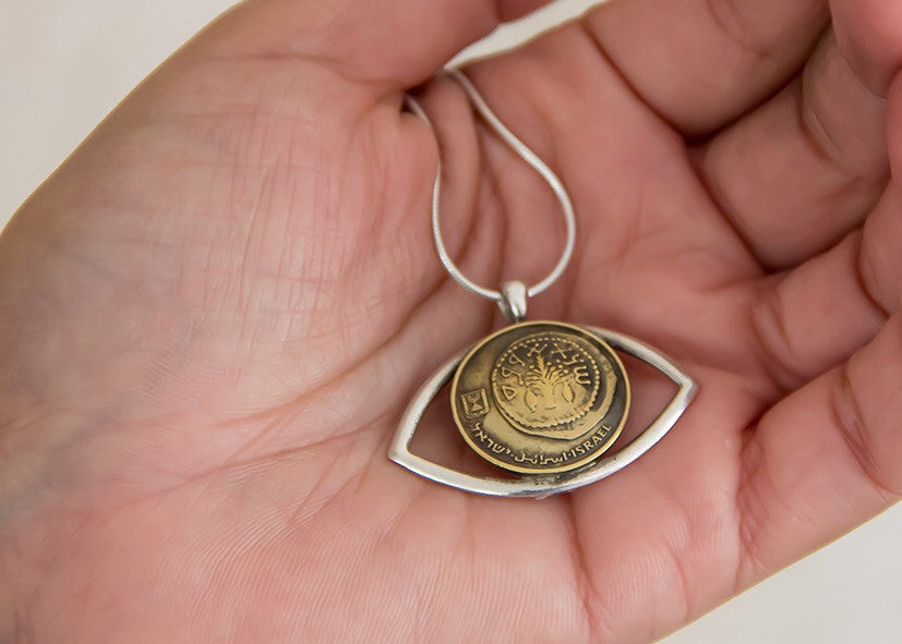 Determination: Israeli Old 5 Agura Coin Hamsa Protection Necklace