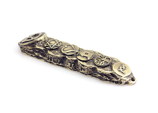 Mezuzah with Bright Symbols & Blessings, Bronze - Small (13cm)