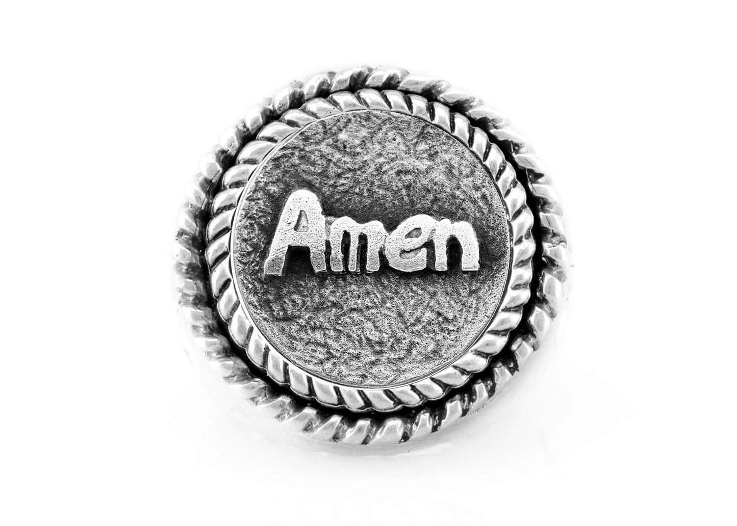 Ring with the Amen coin medallion in English on fleur de lis ring