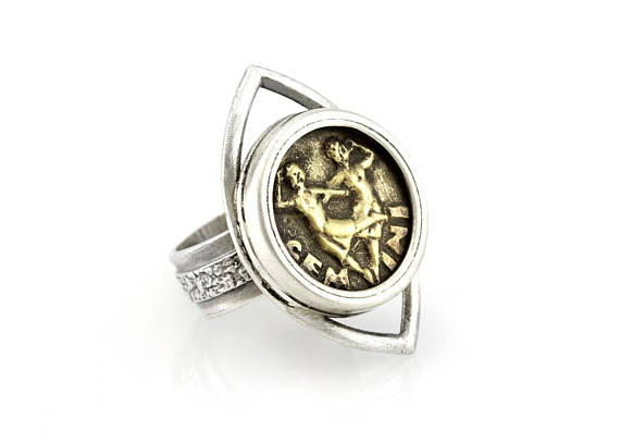 Zodiac coin ring with eye design and Gemini coin medallion