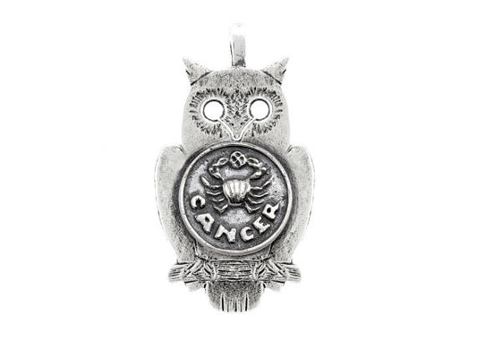 Silver Owl Pendant with Cancer Zodiac