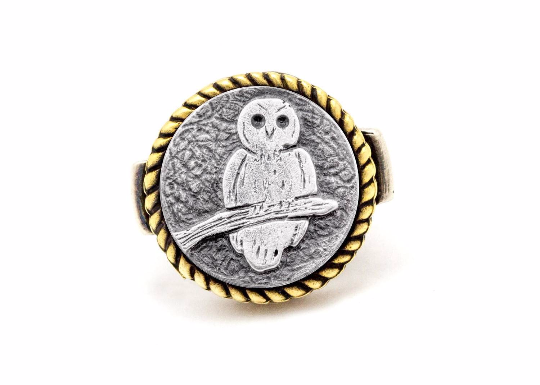Coin ring with the Owl coin medallion Noa Tam coin jewelry owl ring