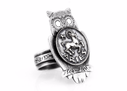 Silver Owl Ring with Aries