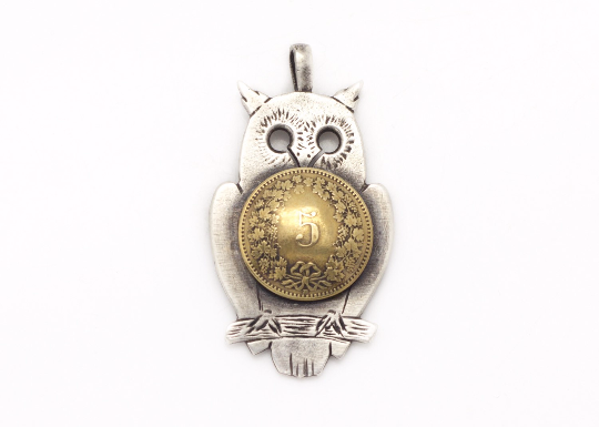 Ook old 925 sterling silver coin necklace with owl and the 5 Rappen coin of Swiss, handmade and one if a kind