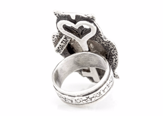 Coin ring with the open Heart coin medallion on owl Noa Tam coin jewelry