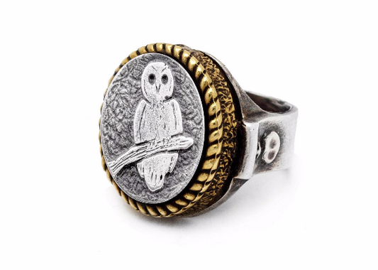 Coin ring with the Owl coin medallion Noa Tam coin jewelry owl ring