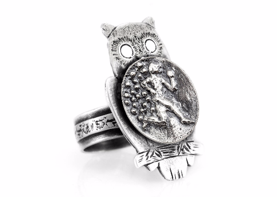 Coin ring with the Running Man coin medallion on owl Noa Tam coin jewelry sport jewelry