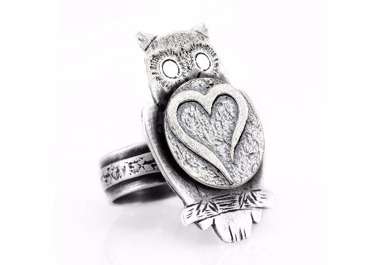 Coin ring with the open Heart coin medallion on owl Noa Tam coin jewelry