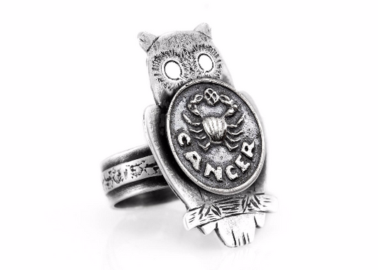 Silver Owl Ring with Cancer Zodiac sign