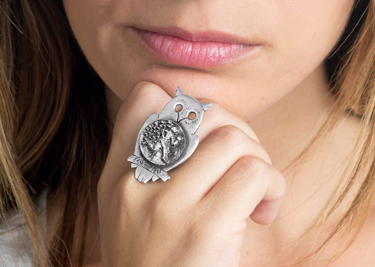 Coin ring with the Running Man coin medallion on owl Noa Tam coin jewelry sport jewelry